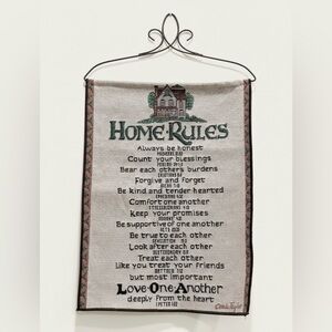 VTG Carole Taylor Home Rules Woven Tapestry Wall Hanging Scriptures Metal Hanger